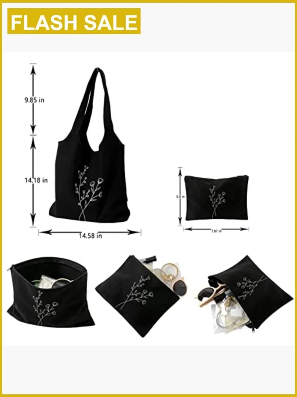 Canvas Tote Bag Floral Line Art Reusable Grocery Shopping Bag with Makeup Pouch